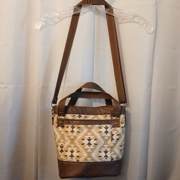 New Bucket Saddle Bag Purse Tote Brown Mustard Chevron Aztec print Pleather - Picture 8 of 10